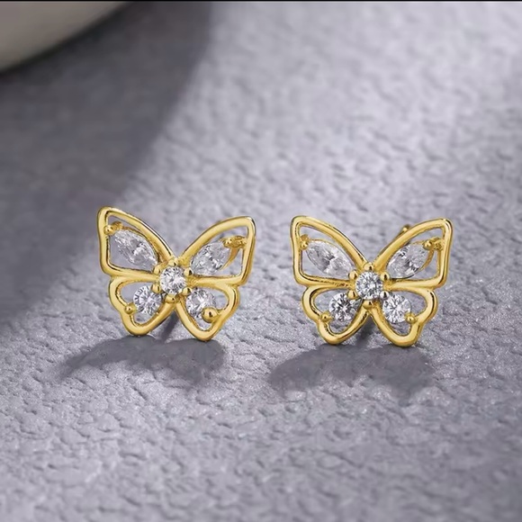 925 Sterling Silver Gold Plated Butterfly Earrings - Picture 2 of 3